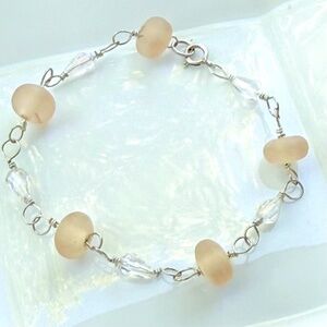 Hand Crafted Sterling Silver Wire Wrapped Pink Glass beads & Crystals Bracelet